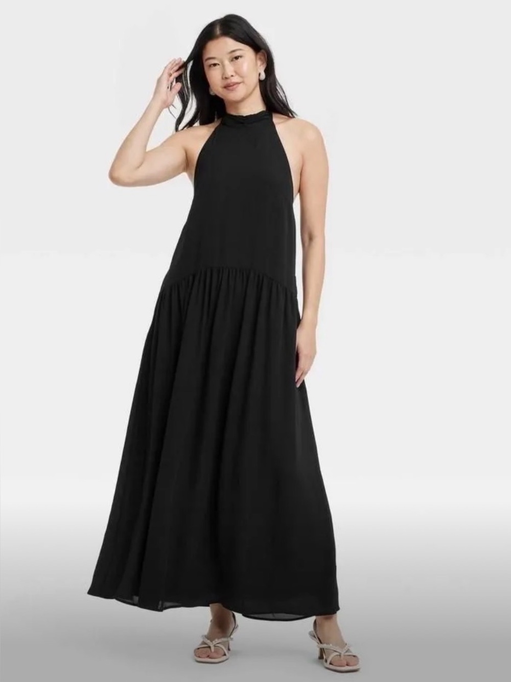Women's Tie Neck Maxi Dress - a New Day Black XS: Sleeveless, Lightweight